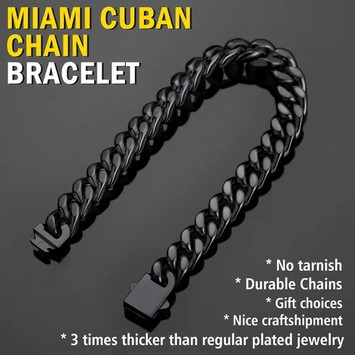 Vista 3 de ChainsProMax Pulseras de cadena cubana de acero inoxidable para hombre, 5790.472 in de ancho, 7.58.39 pulgadas de largo, negrodorado