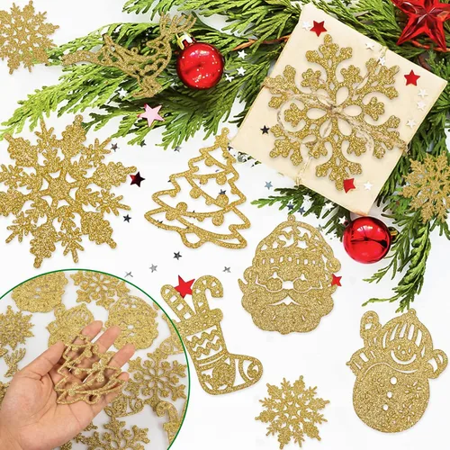 Vista 4 de Adorno de copo de nieve dorado para decoración de árbol de Navidad, 42 piezas de plástico con purpurina dorada, calcetín de copos de nieve dorados