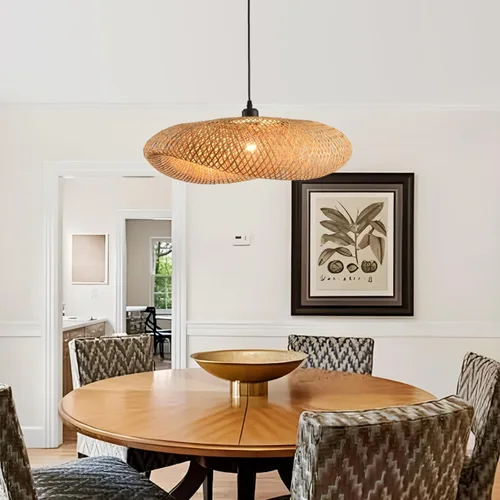 Vista 8 de lámpara colgante de bambú de 19.7 pulgadas estilo granja con enrejado de ratán para comedor, luces boho, accesorio de iluminación para isla