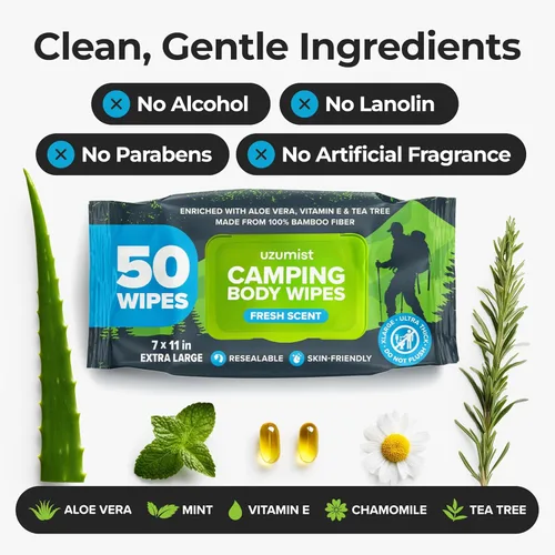 Vista 3 de Esenciales para Acampar - Toallitas Corporales para Baño de Adultos en Campamento Sin Enjuague - 50 Toallitas XL Desodorantes para Ducha y Baño