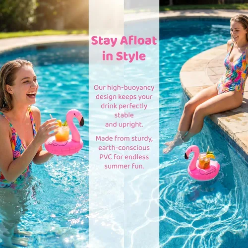 Vista 3 de Soporte inflable flotante para bebidas de flamenco, paquete de 12 posavasos flotantes para piscina, portavasos para latas de bebidas, tazas