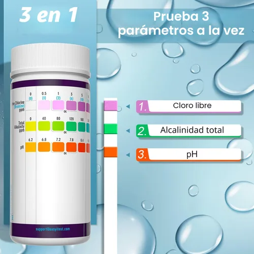 Vista 3 de EASYTEST - Paquete de 150 tiras reactivas para piscinas, spas y jacuzzis; mide pH, alcalinidad total, cloro libre y bromo, kit preciso de 3 en 1