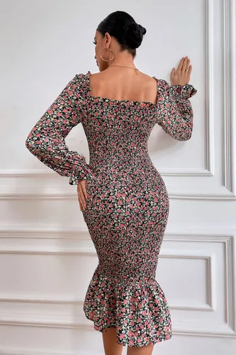 Vista 5 de PRETTYGARDEN Vestido midi ajustado floral de manga larga abombada para mujer, cuello cuadrado, volantes, vestido fruncido de sirena