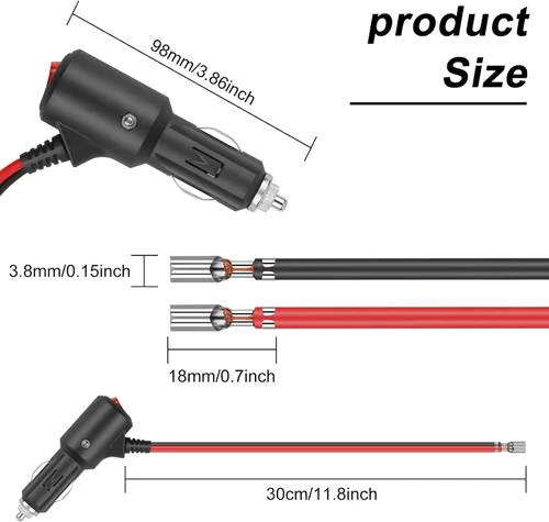 Vista 5 de Enchufe de encendedor de cigarrillos con interruptor Cable de extensión 12-24V enchufe universal con cable de 30 cm 15A para conexión