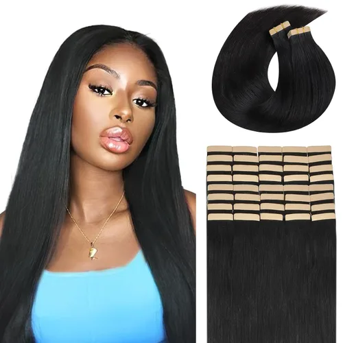 Vista 39 de Extensiones de cabello Lashey de 14 pulgadas; extensiones de cabello humano real lacio color negro azabache con trama adhesiva para mujeres, 20