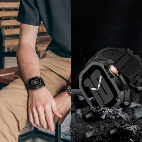Vista 6 de Estuche de metal de lujo con correa compatible para Apple Watch de 44 mm, 45 mm, 46 mm, 49 mm, cubierta protectora resistente para hombre con correa