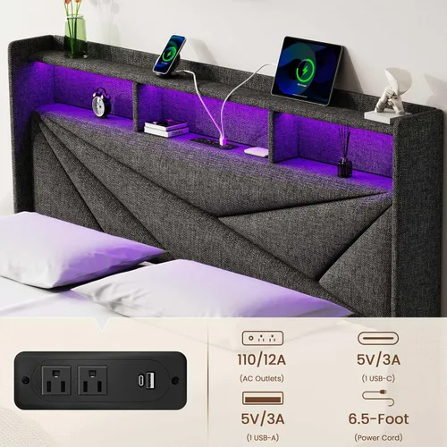 Vista 5 de Driftalia Base de cama de tamaño completo con cabecera de almacenamiento de 2 niveles, base de cama de tamaño completo tapizada con 2 cajones