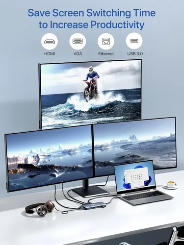 Vista 2 de Estación de acoplamiento USB C, adaptador de concentrador USB C 12 en 1 con 2 HDMI 4K, VGA, Ethernet, 4 puertos USB-A, audio, 100 W PD, lector