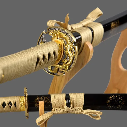 Vista 3 de Espada samurái japonesa hecha a mano con hoja de oro, grabado a mano, Katana de dragón dorado, espiga completa, afilada, puede cortar árboles