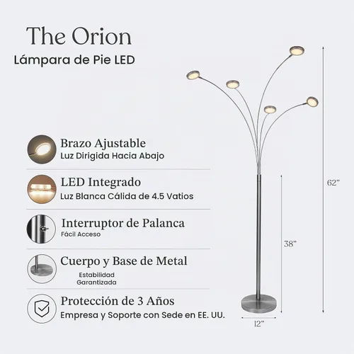 Vista 3 de Brightech Orion - Lámpara de pie de arco para sala de estar, lámpara de pie tipo árbol con 5 brazos ajustables, lámpara de pie de múltiples Níquel