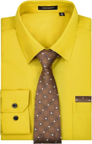 Vista 69 de HISDERN Mens Dress Shirt with Tie Pocket Square Set Classic Button Down Shirt Matching Tie Long Sleeve Shirts 08-verde