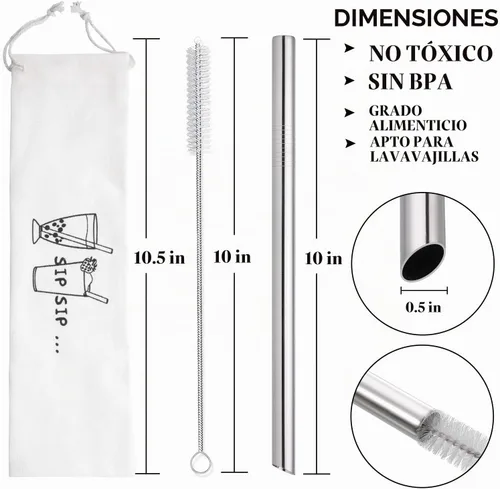 Vista 2 de [Puntas en ángulo] 2 popotes de té de burbujas reutilizables jumbo y popotes para batidos, popote de acero inoxidable de 0.5 pulgadas de ancho