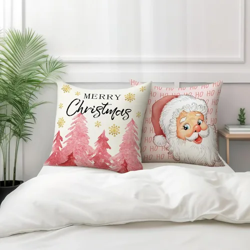 Vista 3 de Juego de 2 fundas de almohada de Navidad rosa con diseño de copos de nieve de Navidad con cremallera oculta, funda de cojín decorativa para sofá