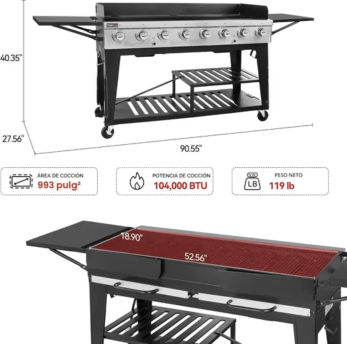 Vista 3 de Royal Gourmet Parrilla de gas de 8 quemadores, 104,000 BTU a propano líquido, sistemas duales controlados independientemente, para fiestas al aire