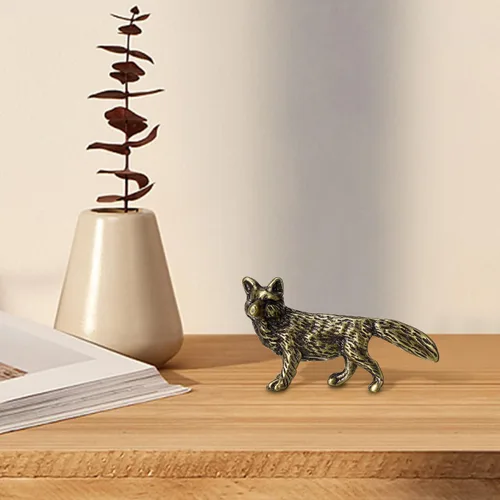 Vista 5 de Mini figura de zorro de latón pequeño, figura de zorro dorado de latón macizo para estante de escritorio, decoración del hogar, escultura pesada