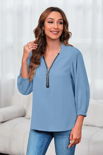 Vista 3 de Cnkwei Blusa con cuello en V para mujer, diseño de cremallera, holgada, informal, para mujer