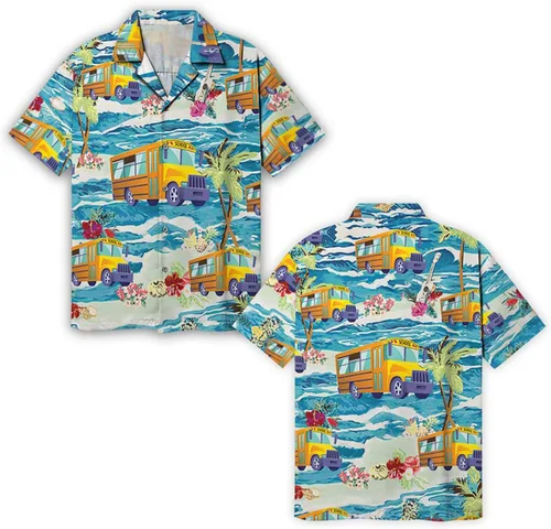 Vista 2 de Camisa hawaiana de vehículos para hombre, diseño de transporte público Funky, casual, con botones, unisex, manga corta, 111