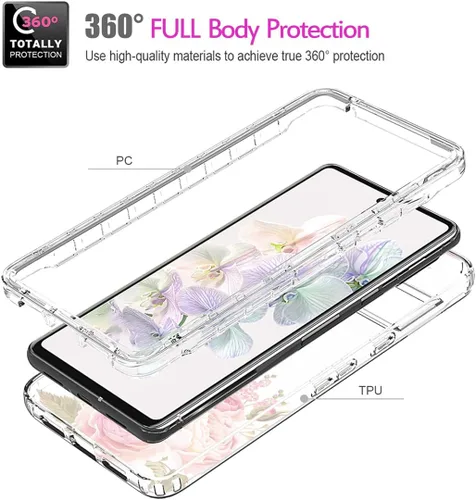 Vista 3 de Funda para Pixel 6A, GX7AS con protector de pantalla de vidrio templado, cuerpo completo, transparente, flexible, con protección de diseño floral