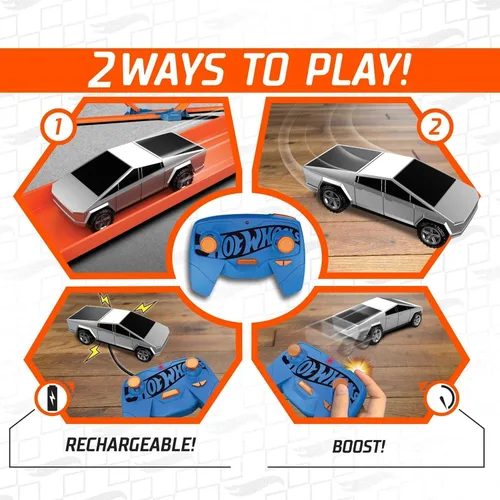 Vista 4 de Coche de juguete Hot Wheels RC, Tesla Cybertruck controlado por radio en escala 1:64, para jugar en pista o fuera de ella, incluye controlador