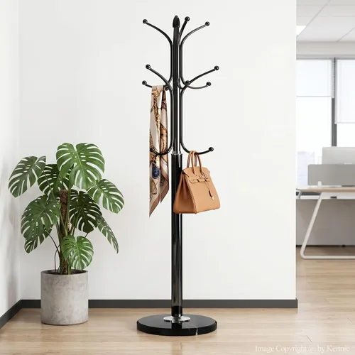 Vista 5 de Kertnic Perchero independiente, árbol de pasillo de metal resistente con 12 ganchos, perchero estable de 70 pulgadas de alto con base de mármol Negro