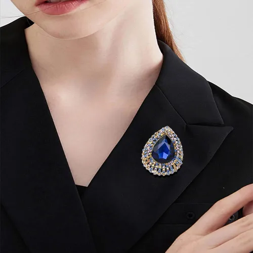 Vista 2 de Broche de lágrima de diamantes de imitación para mujeres y niñas, cristales coloridos de moda, color azul, circonita cúbica, broches de gota