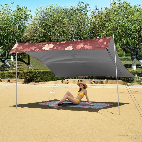 Vista 6 de Cherry Blossom Deep Red Beach Cabana UPF50 Lightweight Portable Sun Shelter with Sandbags & Sand Shovel for Backyard and Camping