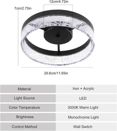 Vista 4 de Qcyuui 20W Black Flush Mount LED Ceiling Light for Kitchen with Granular Clear Acrylic Lampshade, Round Ceiling Lamp for Hallway Dining Room