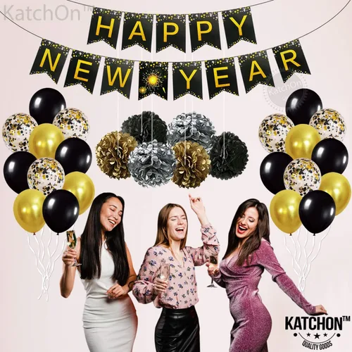 Vista 8 de KatchOn, Suministros para fiestas de Año Nuevo 2026 – Paquete de 34 Cartel de feliz año nuevo de 10 pies con pompones Fondo negro y dorado