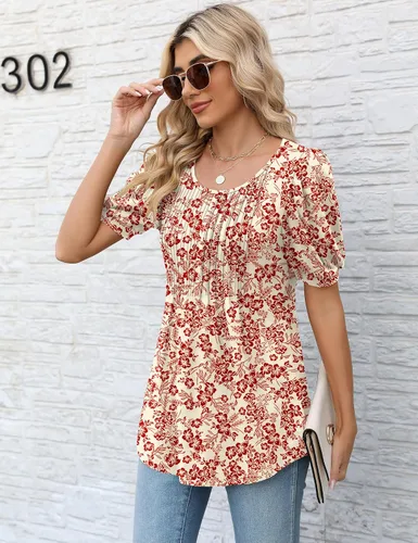 Vista 3 de LOMON Blusa de manga larga y corta para mujer, plisada, cuello redondo, estilo casual, holgada, para otoño