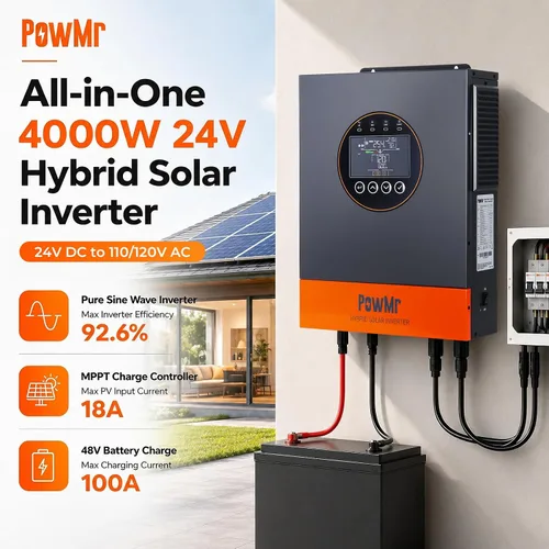 Vista 2 de PowMr Inversor solar híbrido de 4000 W, 24 V CC a 120 V CA, inversor de corriente de onda sinusoidal pura con controlador de carga MPPT de 100 A