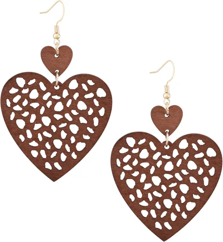 Vista 19 de Bohemian Hollow Cut-Out Wood Leather Dangle Drop Earrings, Boho Chic Hippie Statement Jewelry Gift for Women S01A