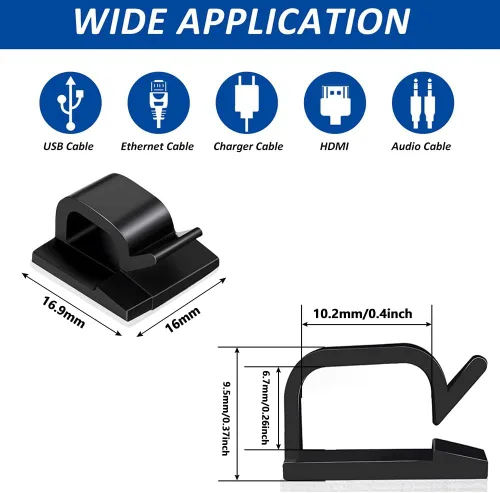 Vista 2 de 150 clips adhesivos para cables negros, organizador de cables para exteriores, organizador de cables para debajo del escritorio, automóvil, pared