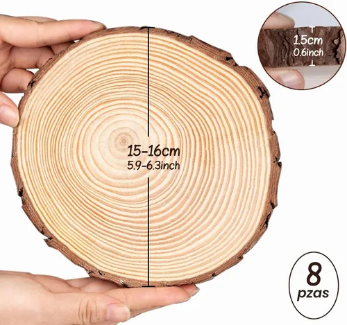 Vista 2 de Rebanadas de madera natural para centros de mesa, 8 centros de mesa de madera de 6 a 7 pulgadas para mesas, discos de madera redondos sin terminar