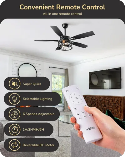Vista 2 de EDISHINE - Ventilador de techo de granja negro de 42 pulgadas con luces, control remoto, regulable, 6 velocidades, 5 aspas de madera, motor