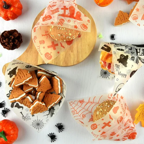 Vista 5 de ASTARON 100 hojas de papel de cera de Halloween para envolver alimentos, envolver dulces, galletas, sándwiches, forro para cesta de comida frita