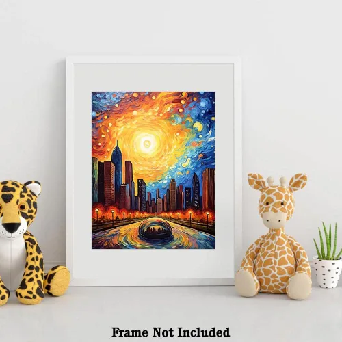 Vista 4 de Bestbuddy Pet 8 x 10 sin marco noche estrellada Chicago Landmark icónica estatua escultura famosa atracción turística gira mundial pintura al óleo