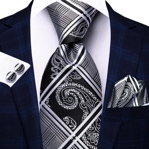 Vista 327 de Hi-Tie Corbata clásica de cachemira para hombre con pañuelo y gemelos a cuadros