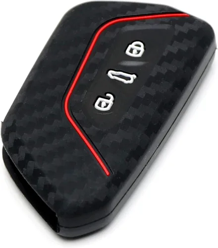 Vista 4 de iJDMTOY Funda para llavero de silicona suave con patrón de fibra de carbono negra con rayas rojas compatible con Volkswagen MK8 Golf/GTI ID 4, Skoda
