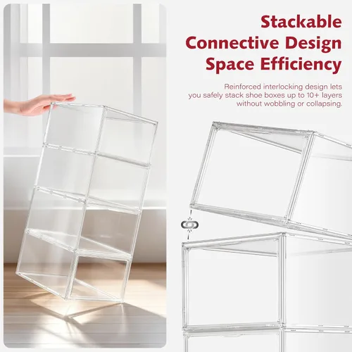 Vista 5 de 1 Pack Clear Shoe Storage Boxes Stackable, Large Sneaker Organizer with Acrylic Magnetic Door, Plastic Drop Front Shoe Containers for Men up to