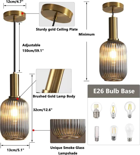 Vista 2 de KCO Lighting Lámpara Colgante Mini de Cristal Ahumado, Accesorio de Iluminación de 1 Luz Oro Cepillado, Luces Colgantes para Isla de Cocina