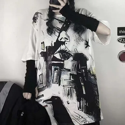 Vista 3 de LREUIP Camiseta estampada gótica de gran tamaño Harajuku Street Trend Hombres y Mujeres Personalidad Suelta Estampado Punk Manga Corta
