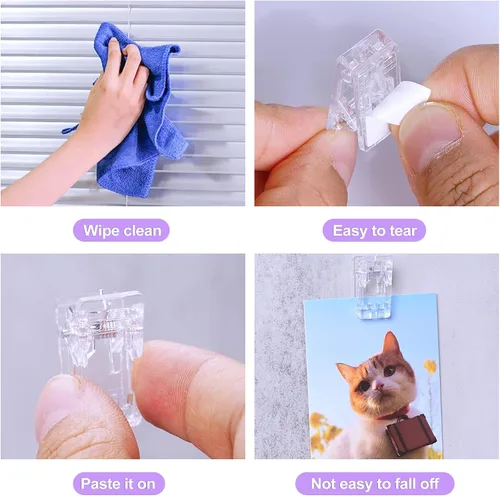 Vista 6 de Paquete de 30 clips adhesivos transparentes para pared, ganchos para tiras de comando, ganchos pequeños para colgar fotos, carteles, tapices