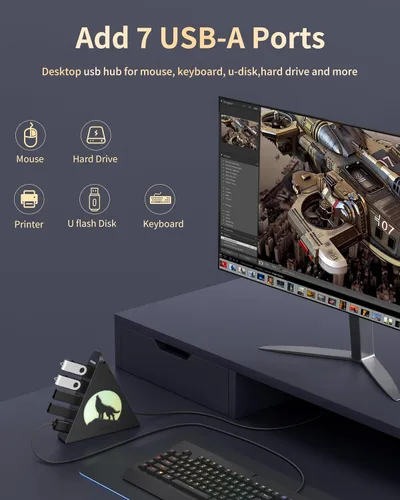 Vista 5 de Hub USB 3.0 de 7 puertos, divisor de USB vertical con iluminación RGB, transferencia de datos de alta velocidad de 5 Gbps y cable de extensión de 2