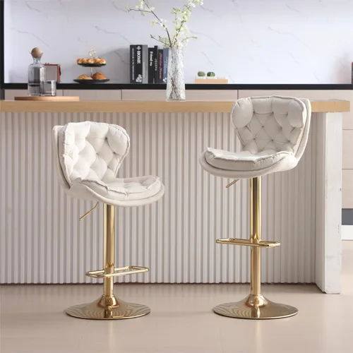 Vista 10 de Taburetes de bar de terciopelo, modernos taburetes giratorios de altura ajustable, sillas de mostrador de 360 grados con respaldo y base de metal
