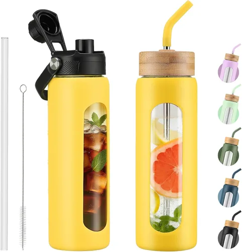 Vista 33 de Botella de agua Kodrine con pajita, botella de vidrio de 24 oz con 2 tapas, una de pajita de bambú y otra con pico y asa, botella de vidrio