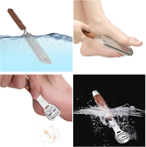 Vista 6 de Raspa de pie colosal y afeitadora de callos con mango de madera (10 cabezales de repuesto y 1 lima), kit de lima de pie de pedicura, raspador