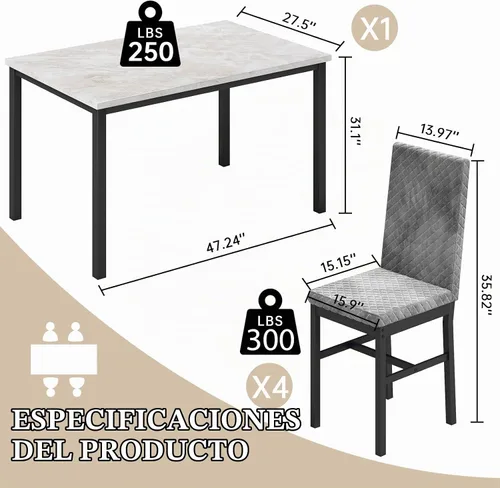Vista 2 de Hooseng Juego de mesa de comedor para 4 mesas de comedor de 5 piezas de mármol sintético con 4 modernas sillas tapizadas de terciopelo para espacios