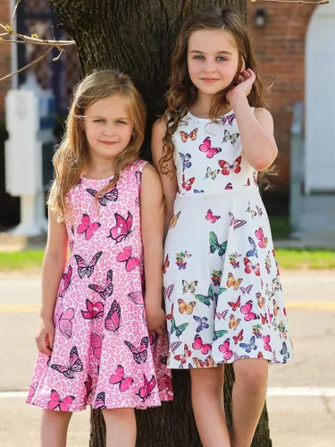 Vista 5 de Vestidos de verano para niñas, sin mangas, con bolsillo, vestido de sirena de mariposa, vestido casual de verano para niñas de 3 a 12 años