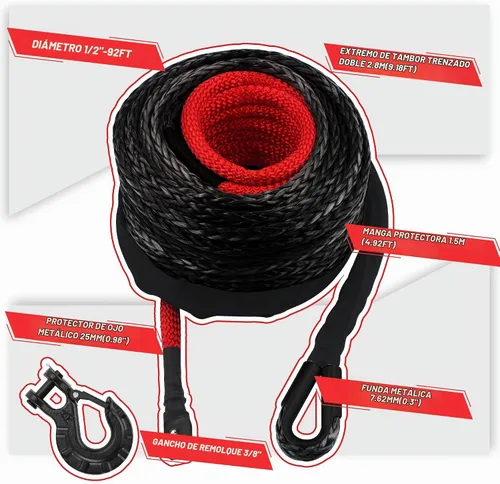 Vista 3 de TYT Kit de Cuerda Sintética para Cabrestante - 1/2" x 92' con 32000 lbs de Resistencia, Funda Protectora, Gancho de Servicio Pesado y Correa