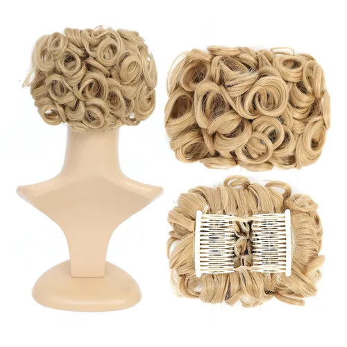 Vista 14 de SWACC Extensión de Moño de Cabello Rizado Corto y Desordenado, Peines de Cabello Fáciles de Estirar, Extensión de Cola de Caballo con Clip, Coletero
